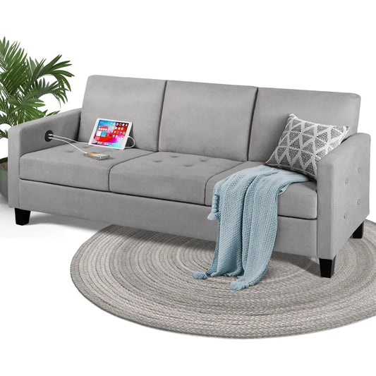 72" W 3 Person Seater Couch Sofa with USB Ports, Grey Comfy Couches for Small Spaces, Mid Century Modern Gray Couch for