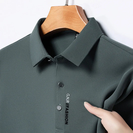 Men's Breathable Solid Color Polo Shirt: Comfortable & Elastic Short Sleeve Top for Casual Business Style - New Arrivals - Lumawear