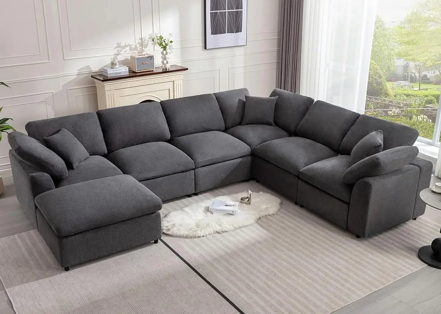 Modern Oversized Sectional Sofa: 7-Seater L-Shaped Cloud Couch with Movable Ottoman for Ultimate Comfort - Stylish and Comfy Couches for Living Room - Lumawear