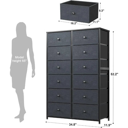 12 Drawer Dresser, Tall Dressers for Bedroom with Wooden Top and Metal Frame, Black Dresser & Chest of Drawers for Bedroom