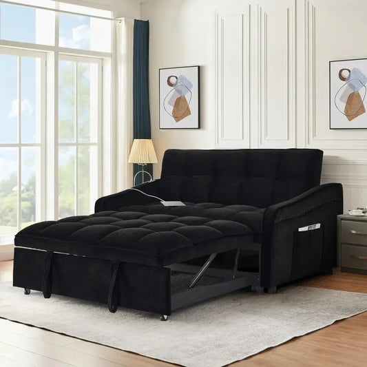 3-in-1 Sleeper Sofa Couch Bed: 52-Inch Small Modern Convertible Tufted Velvet Loveseat with Pull-Out Bed for Living Room - Stylish Black Design for Versatile Comfort - Lumawear