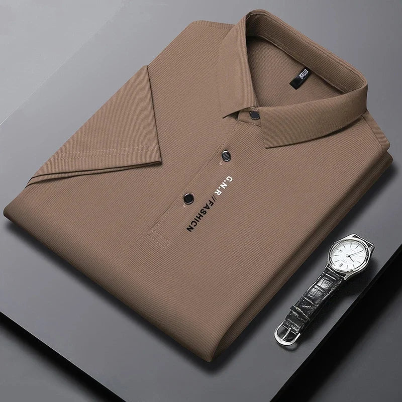 Men's Breathable Solid Color Polo Shirt: Comfortable & Elastic Short Sleeve Top for Casual Business Style - New Arrivals - Lumawear