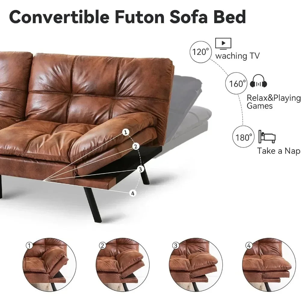 Memory Foam Living Sofa Bed, Leather Futon Couch Foldable Loveseat Sofas, Natural Brown Living Room Furniture