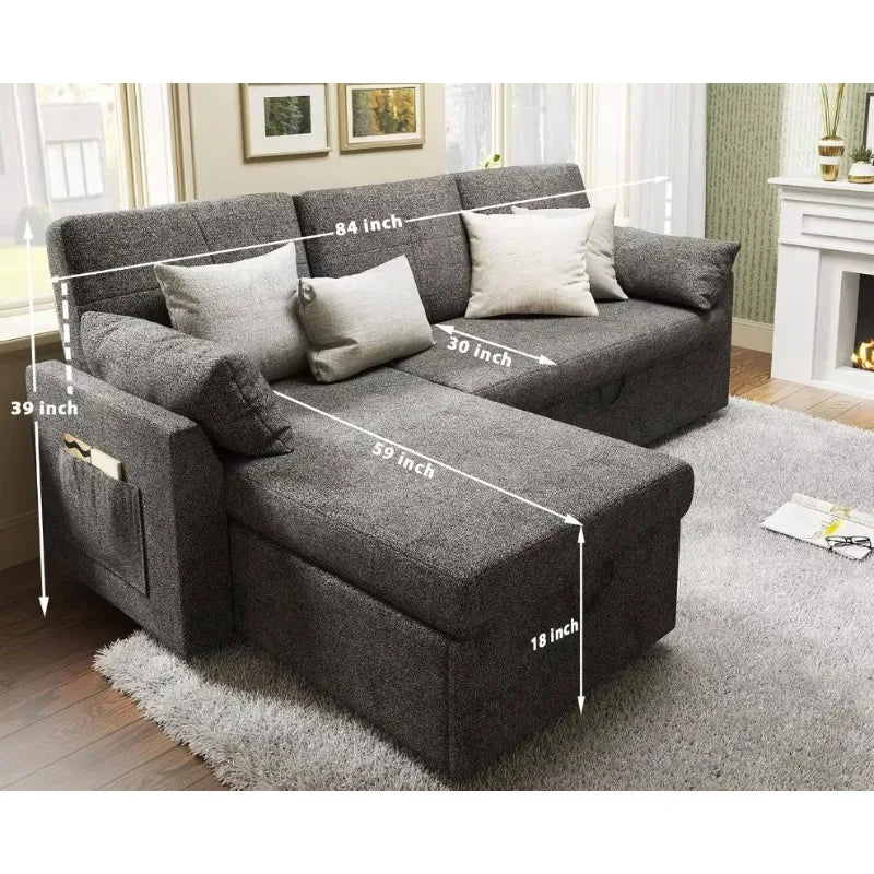 Sleeper Sofa Bed: 2-in-1 Pull-Out Couch with Storage Chaise for Living Room - Modern Grey Sofa Sleeper with Versatile Functionality - Lumawear