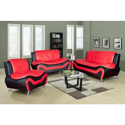 Aldo 3-Piece Modern Sofa Set in Black and Red: Stylish Living Room Furniture with Sofa Bed Feature and Button Tufted Design - Perfect for Minimalist Modern Homes - Lumawear