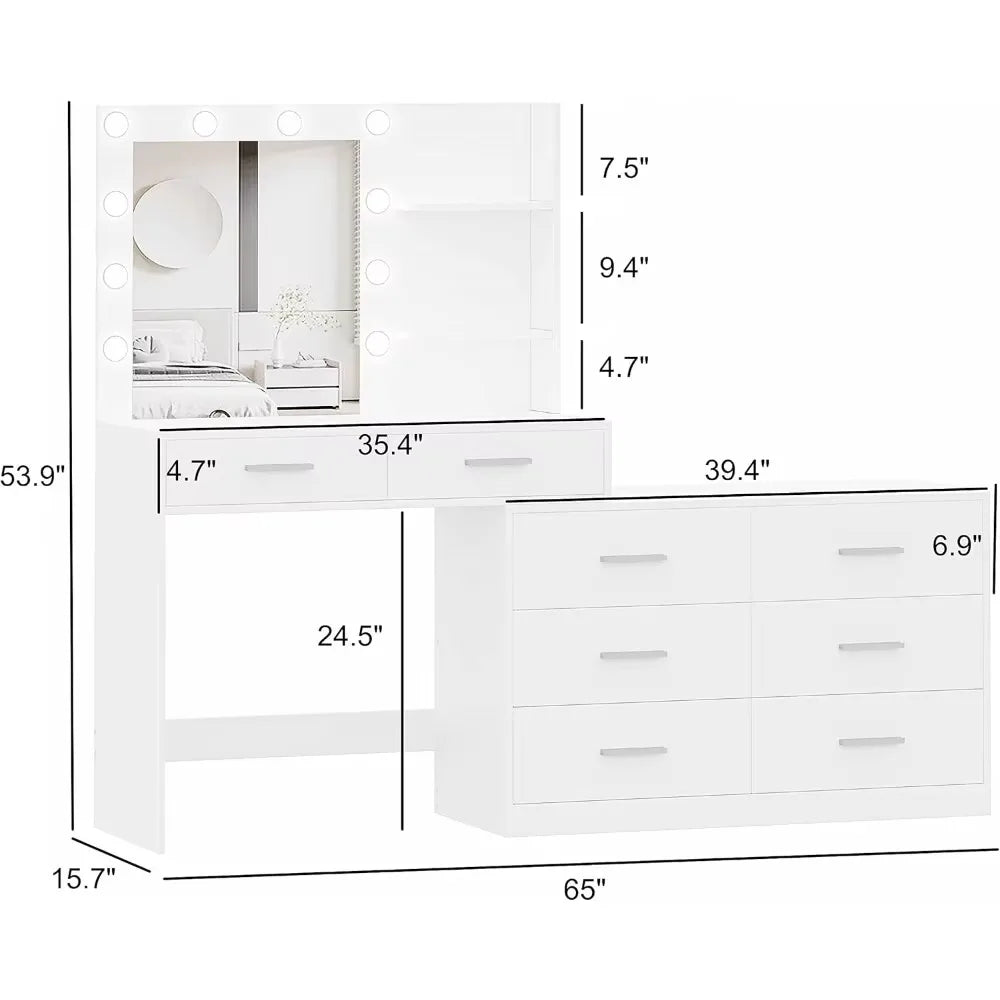 65" Vanity Desk, 8 Drawers Makeup Vanity Table with Storage Shelf, Modern Dresser with Mirror, Dressing Table for Bedroom