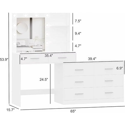 65" Vanity Desk, 8 Drawers Makeup Vanity Table with Storage Shelf, Modern Dresser with Mirror, Dressing Table for Bedroom