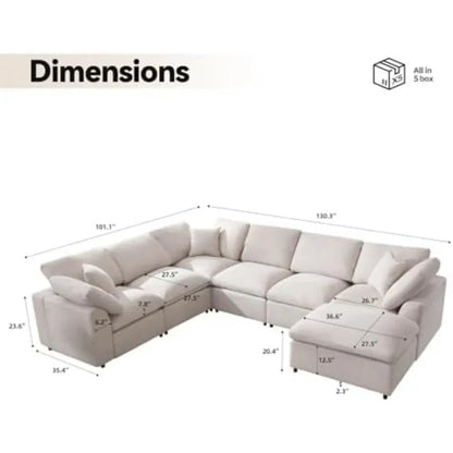 Modern Oversized Sectional Sofa: 7-Seater L-Shaped Cloud Couch with Movable Ottoman for Ultimate Comfort - Stylish and Comfy Couches for Living Room - Lumawear