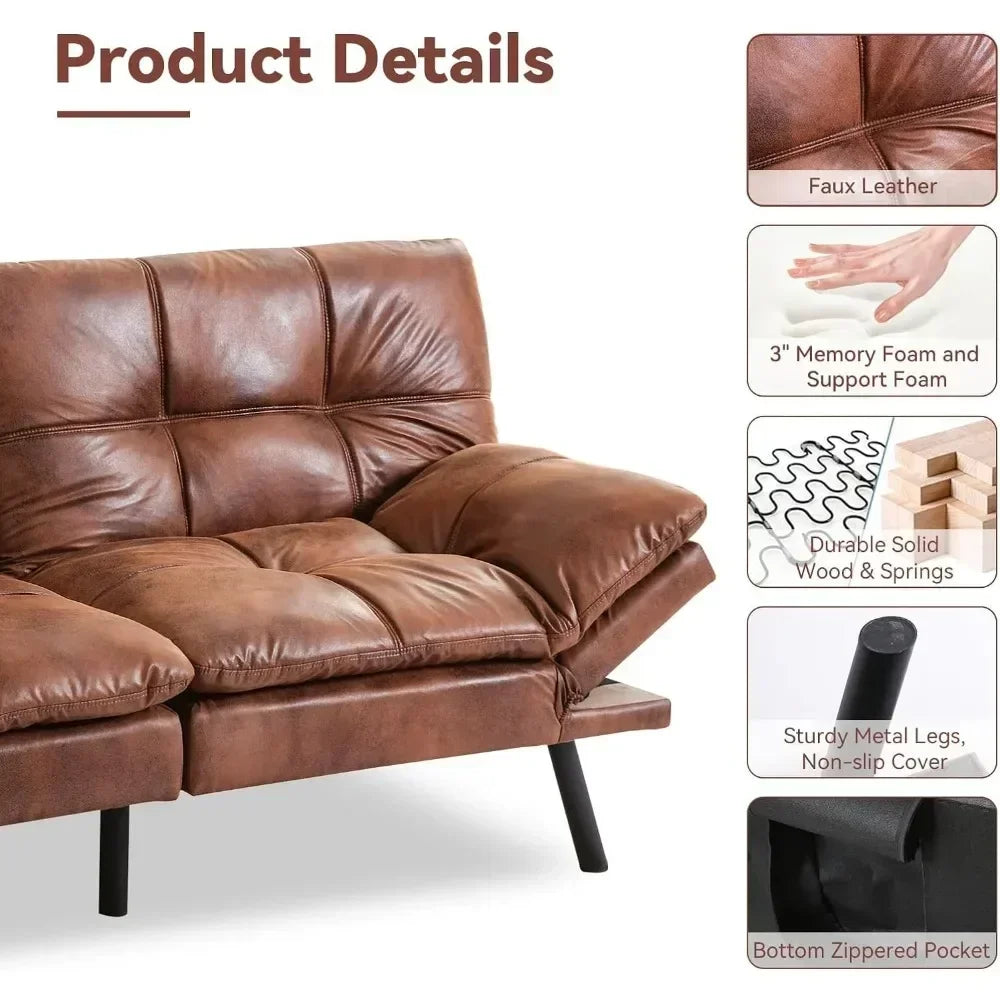 Memory Foam Living Sofa Bed, Leather Futon Couch Foldable Loveseat Sofas, Natural Brown Living Room Furniture