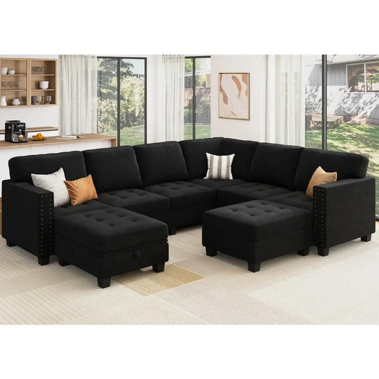 Velvet Modular Sectional Sofa, L Shaped Sofa Couch with Storage Top Tray Ottoman U Shape Sectional Couch for Living Room, Black