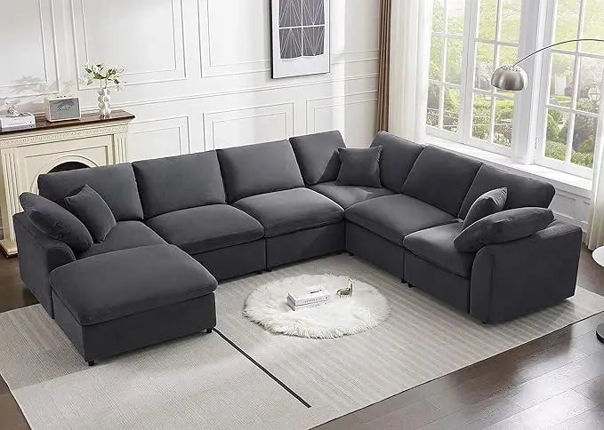 Modern Oversized Sectional Sofa: 7-Seater L-Shaped Cloud Couch with Movable Ottoman for Ultimate Comfort - Stylish and Comfy Couches for Living Room - Lumawear