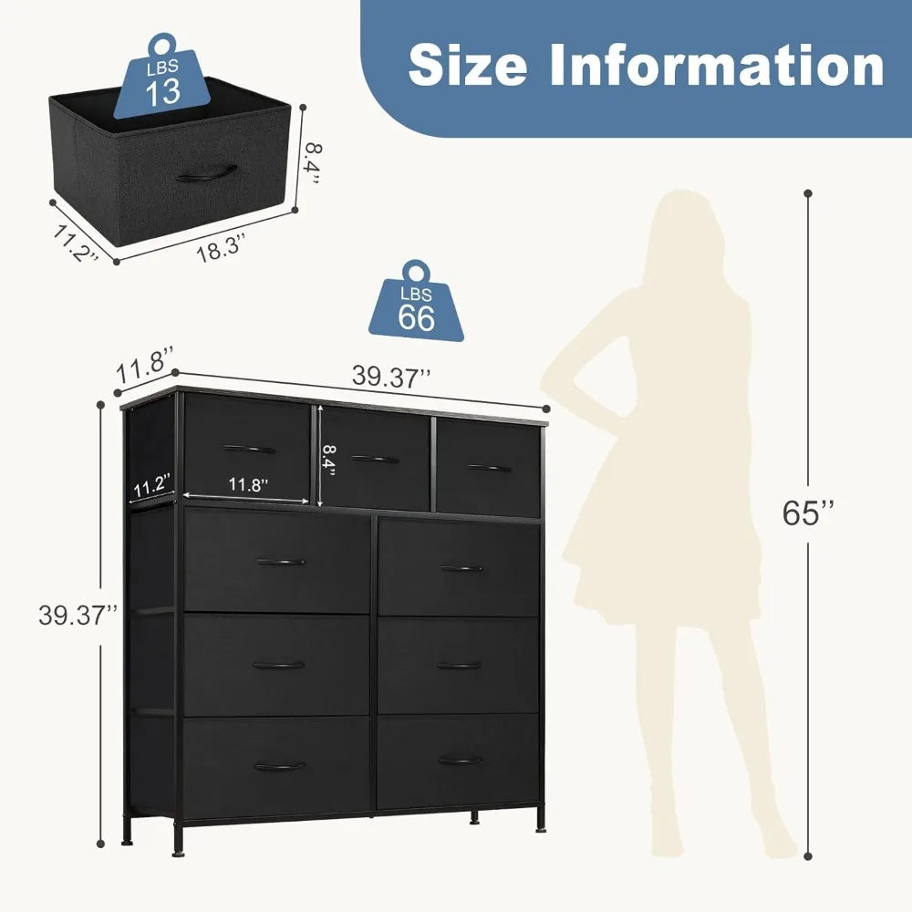 Dresser for Bedroom with 9 Drawers,Fabric Closet Organizer, Cloth Dresser with Metal Frame and Wood Tabletop Chest Storage Tower