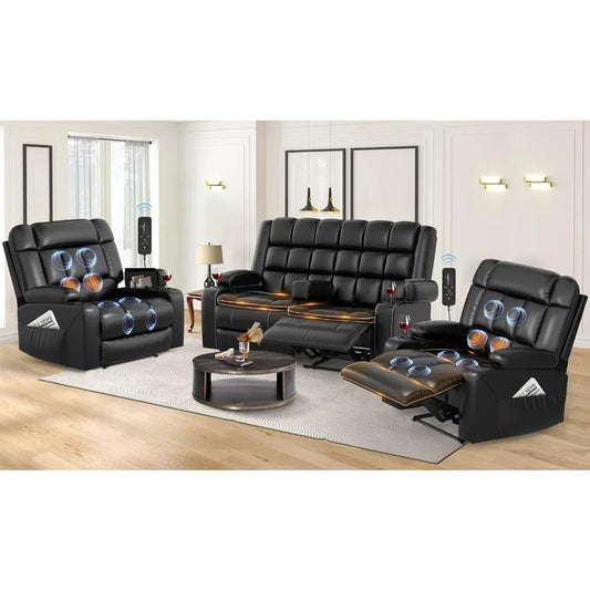 Reclining Sofa and Loveseat Set: Faux Leather Couches with Heat Massage, Removable Console, and Storage Armrests for Ultimate Comfort - Lumawear