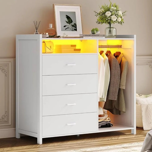 Dresser for Bedroom with Clothes Rail, Chest of 4 Drawers with LED Lights,Open Storage Space for Bedroom Entryway,Large Capacity