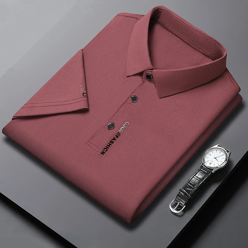 Men's Breathable Solid Color Polo Shirt: Comfortable & Elastic Short Sleeve Top for Casual Business Style - New Arrivals - Lumawear