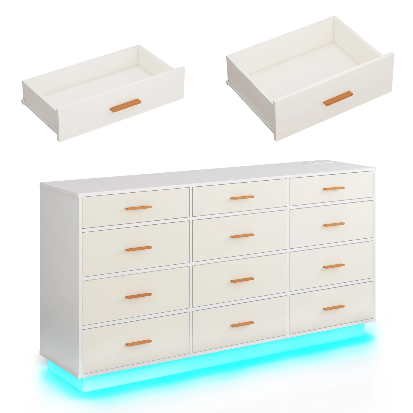 12 Drawer Dresser for Bedroom, 63'' Modern Chest of Drawers with Power Outlets & LED Lights, Wood Dresser for Living Room