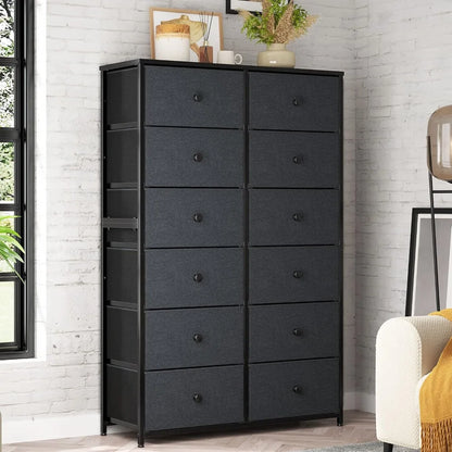 12 Drawer Dresser, Tall Dressers for Bedroom with Wooden Top and Metal Frame, Black Dresser & Chest of Drawers for Bedroom