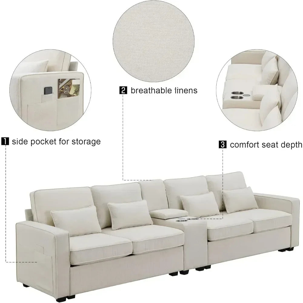 14.2-Inch Upholstered Sectional Sofa with Console: Modern Velvet Couch Featuring USB Ports and Wireless Charging for Living Room, Apartment, and Office - Lumawear