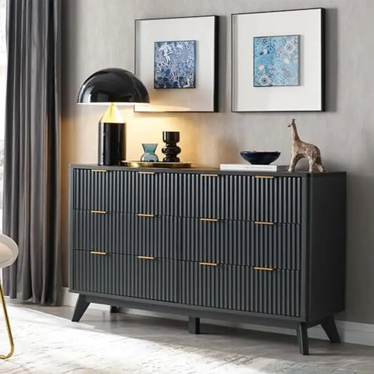 6-Drawer Fluted Dresser with Faux Marble Top Modern Chest of Drawers TV Stand Curved Profile Design Spacious Storage Solution