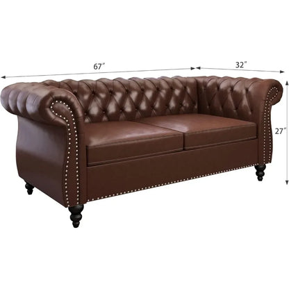 Elegant 2-Piece Living Room Set: Chesterfield Leather Sofa and Loveseat Couch with Scroll Arms and Nailhead Trim - Perfect for Classical and Modern Home Decor - Lumawear