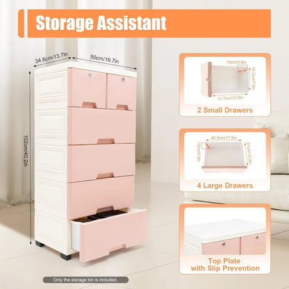 6 Drawer Pink Plastic Dresser for Kids Bedroom with Wheels - Kid's Storage Organizer - 19.7" x 13.8" x 40"