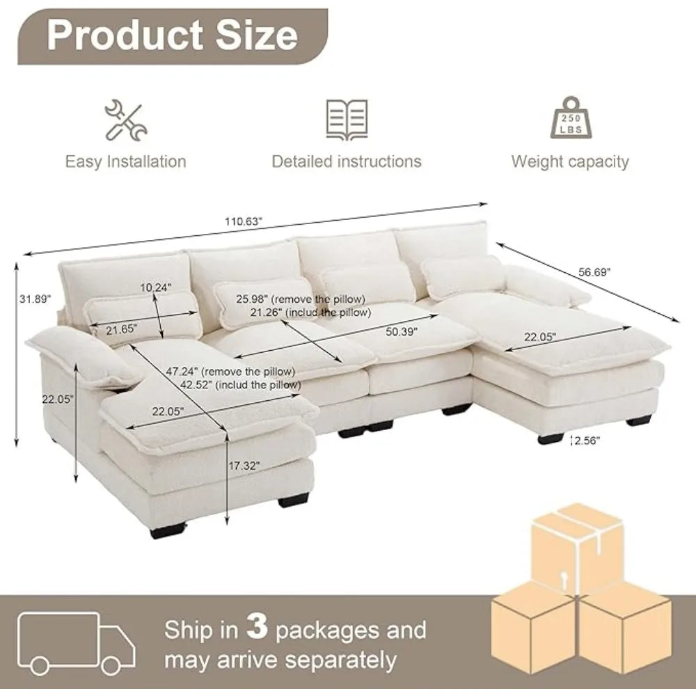 U-Shape Cloud Couch: 4-Seat Comfy Sectional Sofa with Double Reversible Chaise - Modern Chenille Modular Couches for Living Room - Lumawear