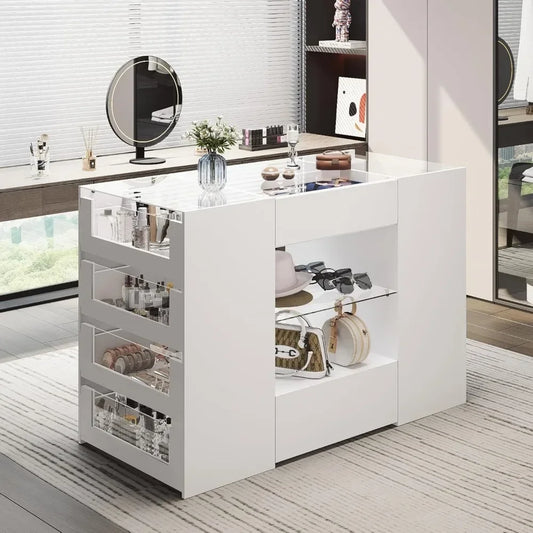 Closet Island with Drawers,Wardrobe Armoire Bedroom Island,White Dresser with Glass Top,Suitable for bedroom salons