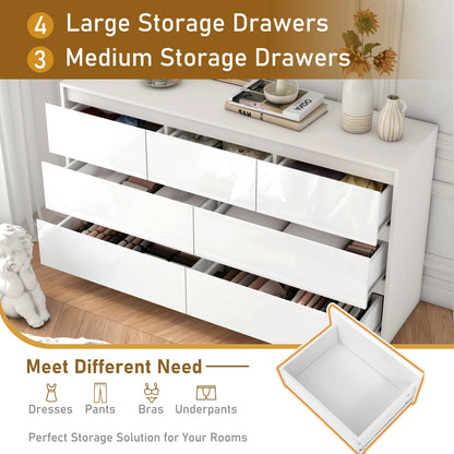 7 Drawer Dresser for Bedroom, 55 Inch Modern Dresser with High Gloss Drawers, Large Wood Chest of Drawer, White/Black