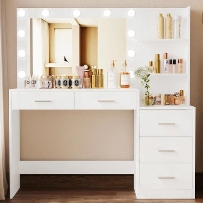 46.7” Vanity with Illuminated Mirror, Large Vanity with Storage Shelves and 5 Drawers, Bedroom Dresser