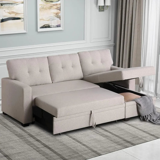 Multifunctional L-Shaped Chaise Couch with Storage and Pull-Out Bed: Comfy Beige Sectional Sleeper Sofa for Living Room - Lumawear