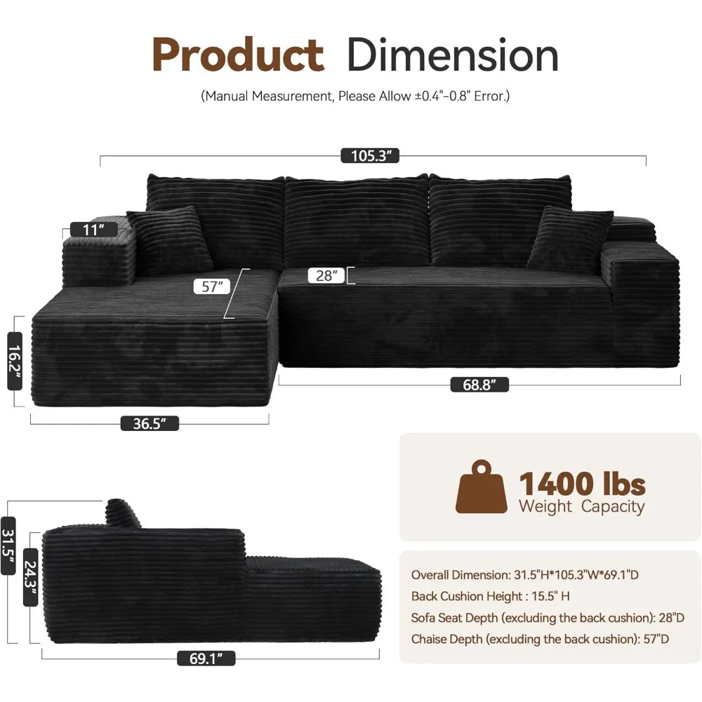 104" Cloud Sectional Couch with Comfy Chaise,Minimalist Modular Couches Sleeper,Boneless L Shape Sofa with Deep Seat,Black