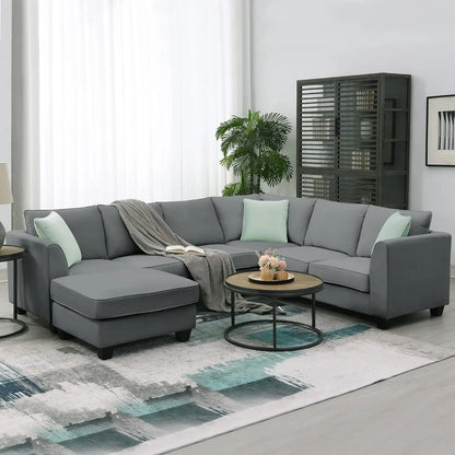 Modern Convertible U-Shape Sectional Sofa: Spacious 7-Seat L-Shaped Living Room Sofa Set with Ottoman for Ultimate Comfort and Style - Perfect for Home Furniture - Lumawear