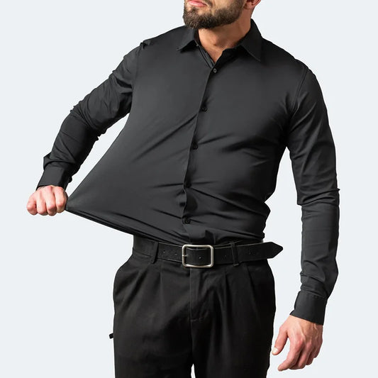 Plus Size 7XL 6XL High Elasticity Seamless Spandex Shirt Men Long Sleeve Slim Fit Casual Solid Color Social Formal Dress Shirts