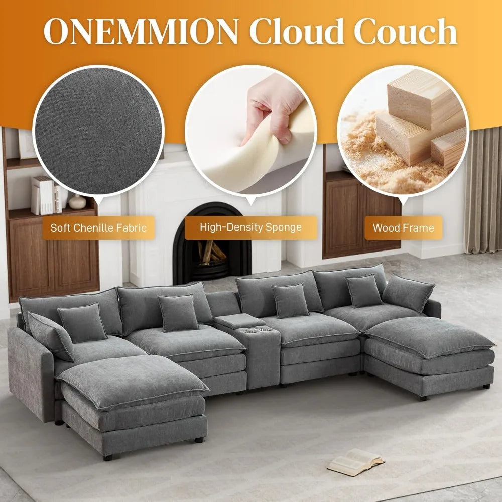 145" U-shaped cloud sofa, modern modular sofa, movable ottoman, fluffy display 6-seater sofa set, center console, USB port