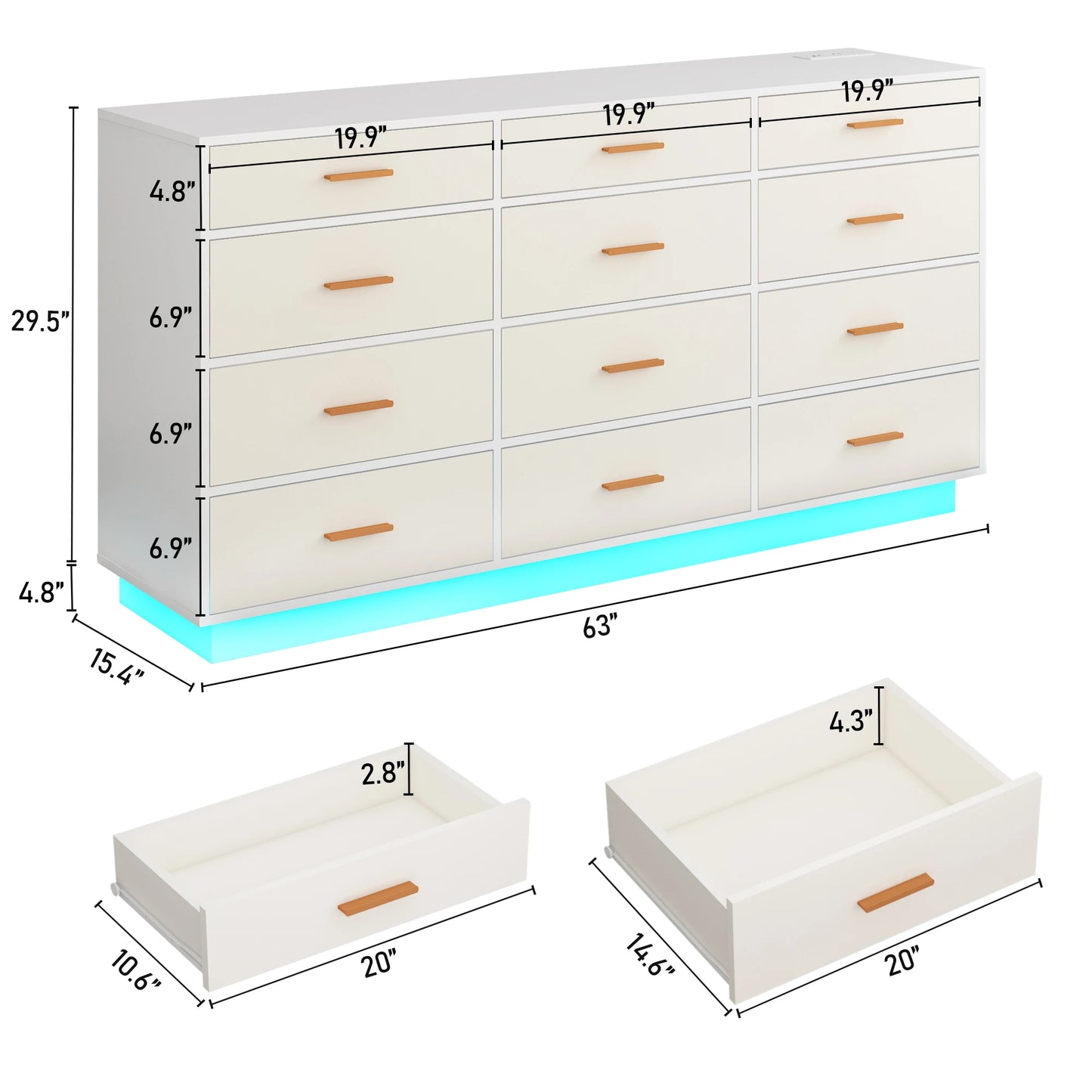 12 Drawer Dresser for Bedroom, 63'' Modern Chest of Drawers with Power Outlets & LED Lights, Wood Dresser for Living Room