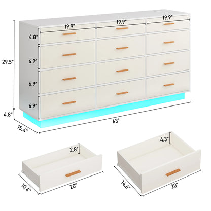 12 Drawer Dresser for Bedroom, 63'' Modern Chest of Drawers with Power Outlets & LED Lights, Wood Dresser for Living Room