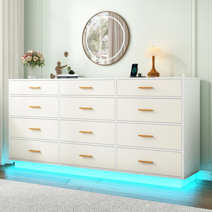 12 Drawer Dresser for Bedroom, 63'' Modern Chest of Drawers with Power Outlets & LED Lights, Wood Dresser for Living Room