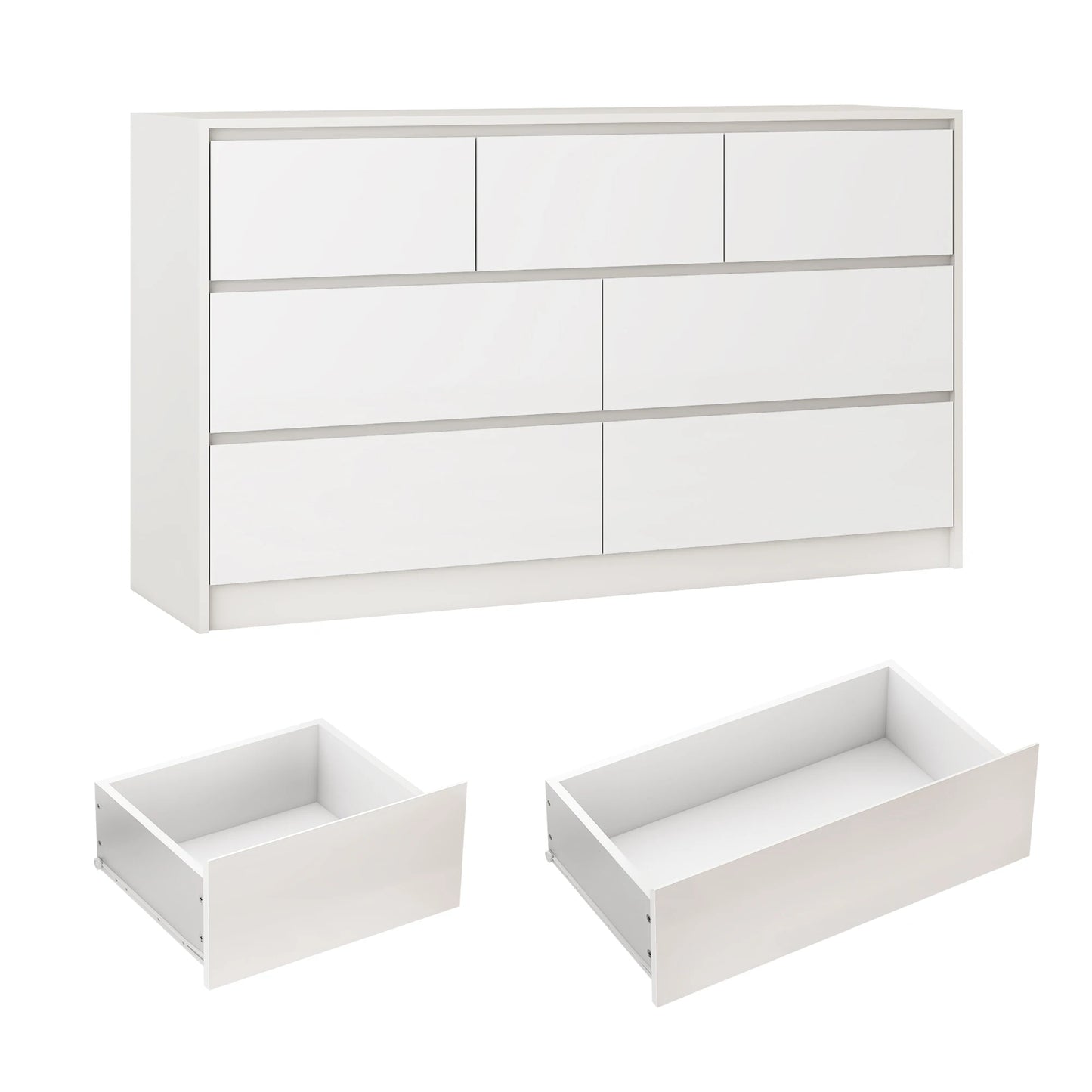 7 Drawer Dresser for Bedroom, 55 Inch Modern Dresser with High Gloss Drawers, Large Wood Chest of Drawer, White/Black