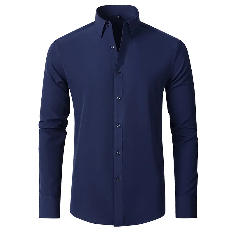 Plus Size 7XL 6XL High Elasticity Seamless Spandex Shirt Men Long Sleeve Slim Fit Casual Solid Color Social Formal Dress Shirts