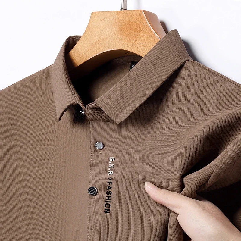 Men's Breathable Solid Color Polo Shirt: Comfortable & Elastic Short Sleeve Top for Casual Business Style - New Arrivals - Lumawear