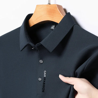 Men's Breathable Solid Color Polo Shirt: Comfortable & Elastic Short Sleeve Top for Casual Business Style - New Arrivals - Lumawear