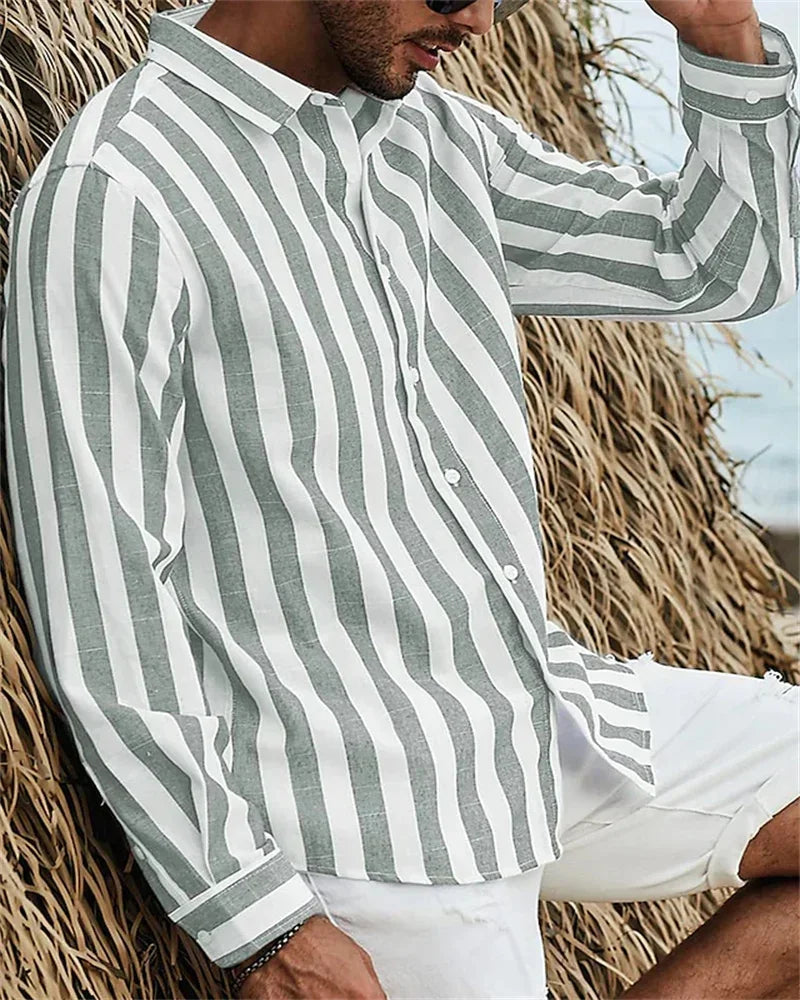 2024 new men's long-sleeved blue striped printed shirt men's social high-end men's Hawaiian style elegant classic fashion tops