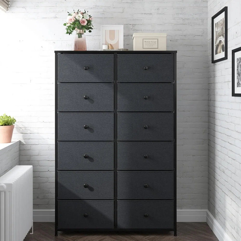 12 Drawer Dresser, Tall Dressers for Bedroom with Wooden Top and Metal Frame, Black Dresser & Chest of Drawers for Bedroom