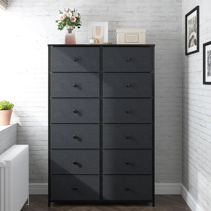 12 Drawer Dresser, Tall Dressers for Bedroom with Wooden Top and Metal Frame, Black Dresser & Chest of Drawers for Bedroom