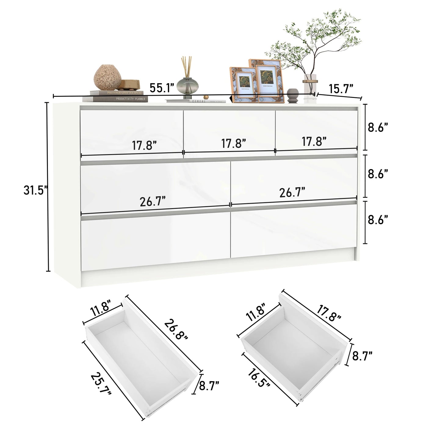 7 Drawer Dresser for Bedroom, 55 Inch Modern Dresser with High Gloss Drawers, Large Wood Chest of Drawer, White/Black