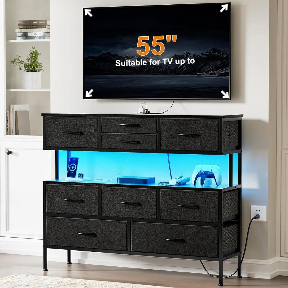 55" TV Stand with 9 Drawers and USB Charging Ports, LED Lights, Fabric Dresser for Bedroom or Living Room, Steel Frame, Large