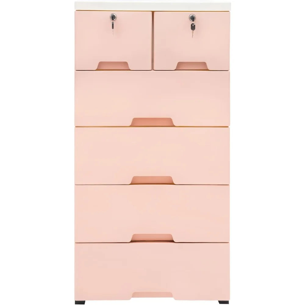 6 Drawer Pink Plastic Dresser for Kids Bedroom with Wheels - Kid's Storage Organizer - 19.7" x 13.8" x 40"