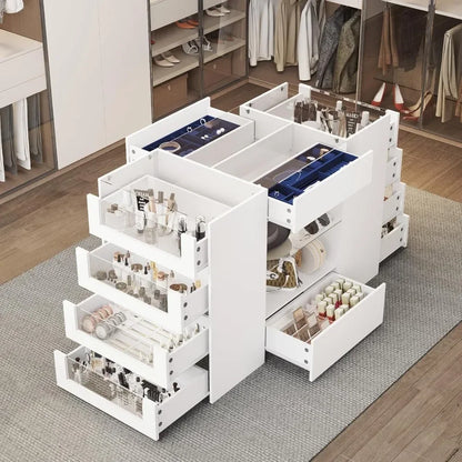 Closet Island with Drawers,Wardrobe Armoire Bedroom Island,White Dresser with Glass Top,Suitable for bedroom salons