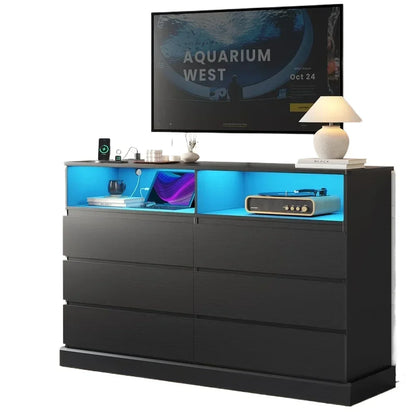 Black Dresser with LED Lights and Charging Station, 51.2" Long Dresser Chest,Modern 6 Drawer Dresser for Bedroom, Living Room