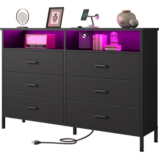 Dresser for bedroom, Fabric Black Bedroom Dresser with LED Lights and Charging Station, 6 Long Drawers Dresser,